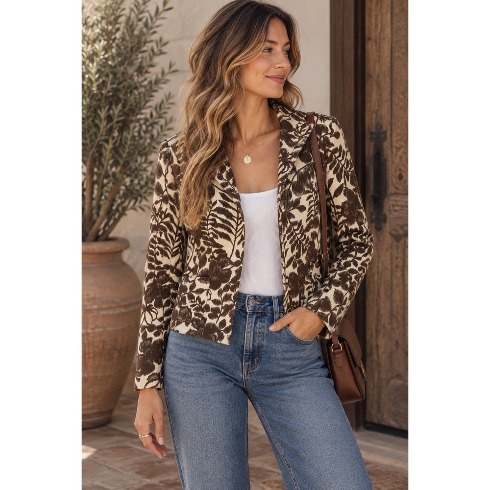 Jones Wear Jacket Womens 10 Brown Botanical Print Cotton Blazer Cropped Earthy